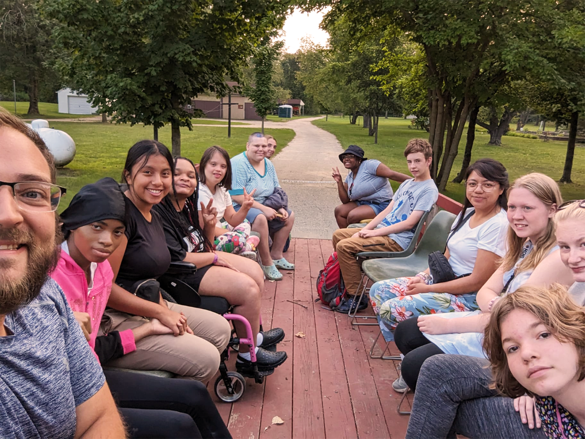 A group of campers enjoying a hayride at The Fowler Center